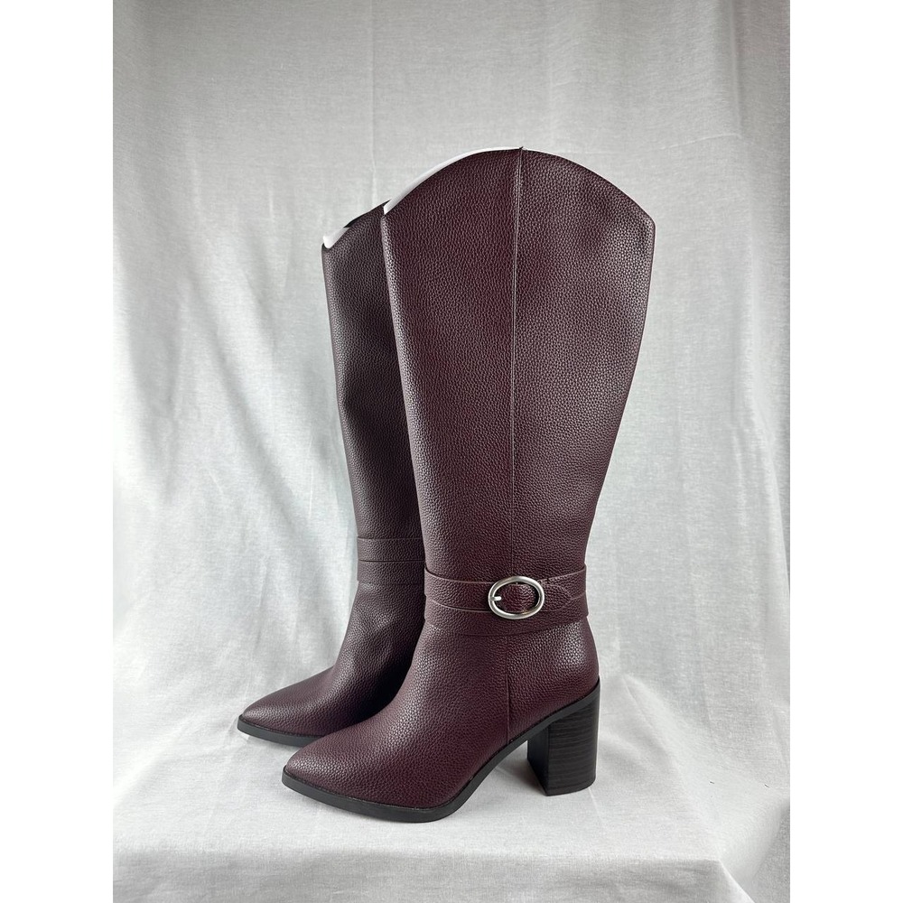A New Day‎ Womens Burgundy Pebble Faux Leather Pointed Toe Block Heel Tall Boots